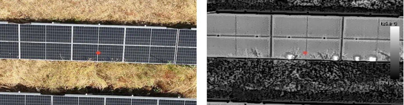 Module photographié en visible et en thermique, avec le point chaud repéré en rouge