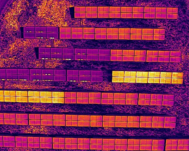 Thermographie infrarouge réelle d'une ferme solaire au sol, mission Altiscan Drone