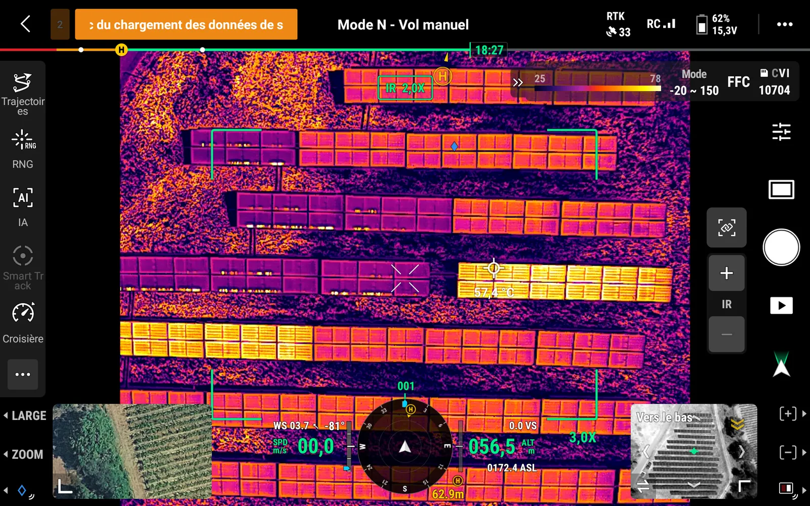 Interface DJI d'analyse thermique en direct pendant une mission Altiscan Drone, mesure à 57,4°C sur un panneau